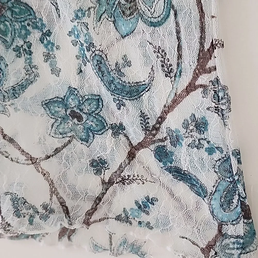Y2K 90's Blue Floral Semi Sheer Mesh Tulle Beige Lace Trim Fitted Henley Top S E - Picture 7 of 12